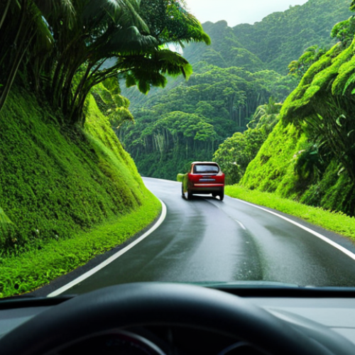 Home 15 **A compact car driving on a narrow, winding road in Palau, with lush green scenery in the background.** (Focus: illustrating driving conditions and scenery)