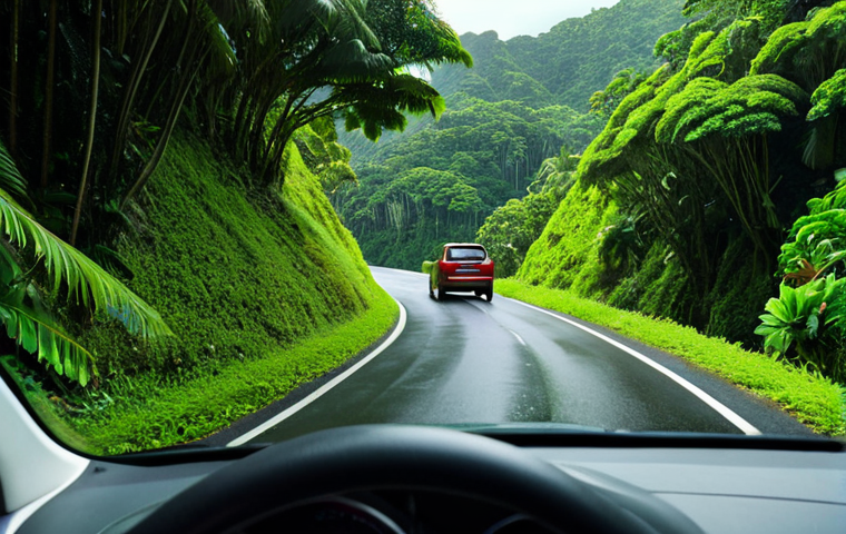 **A compact car driving on a narrow, winding road in Palau, with lush green scenery in the background.** (Focus: illustrating driving conditions and scenery)