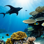 A scuba diver, fully clothed in a modest wetsuit and professional diving gear, observes a vibrant coral reef teeming with colorful tropical fish. The scene is set in the crystal-clear turquoise waters of Palau, with healthy hard and soft corals under beautiful sunlight rays filtering from above. A graceful manta ray swims serenely in the distant background. Perfect anatomy, correct proportions, natural pose, well-formed hands, proper finger count, natural body proportions, professional photography, high quality, safe for work, appropriate content, fully clothed, family-friendly.