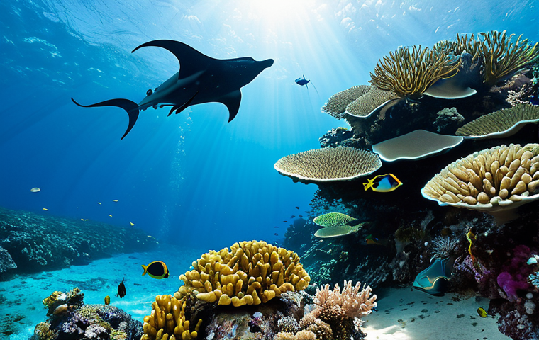 A scuba diver, fully clothed in a modest wetsuit and professional diving gear, observes a vibrant coral reef teeming with colorful tropical fish. The scene is set in the crystal-clear turquoise waters of Palau, with healthy hard and soft corals under beautiful sunlight rays filtering from above. A graceful manta ray swims serenely in the distant background. Perfect anatomy, correct proportions, natural pose, well-formed hands, proper finger count, natural body proportions, professional photography, high quality, safe for work, appropriate content, fully clothed, family-friendly.